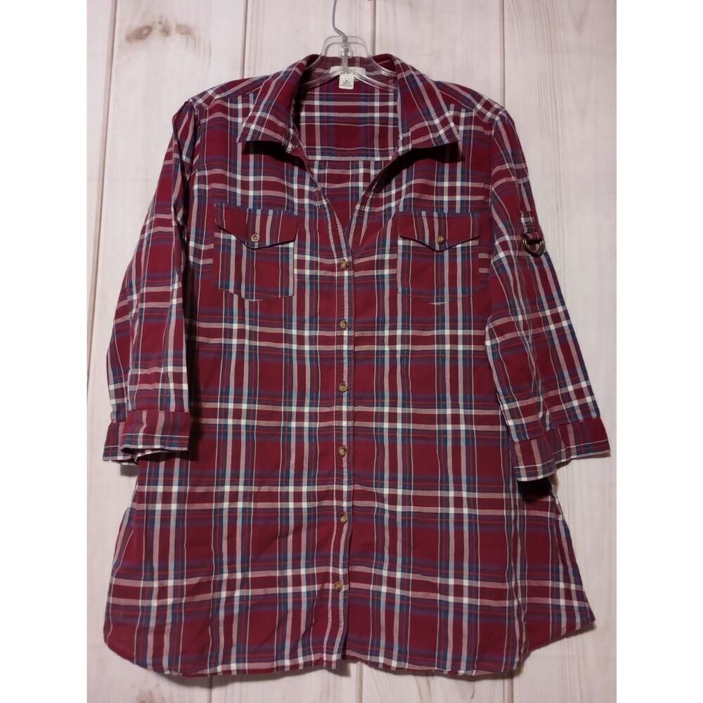 Cato‎ Womens Plaid Button Front Tunic Blouse XL Red Cotton Roll Tab 3/4 Sleeve